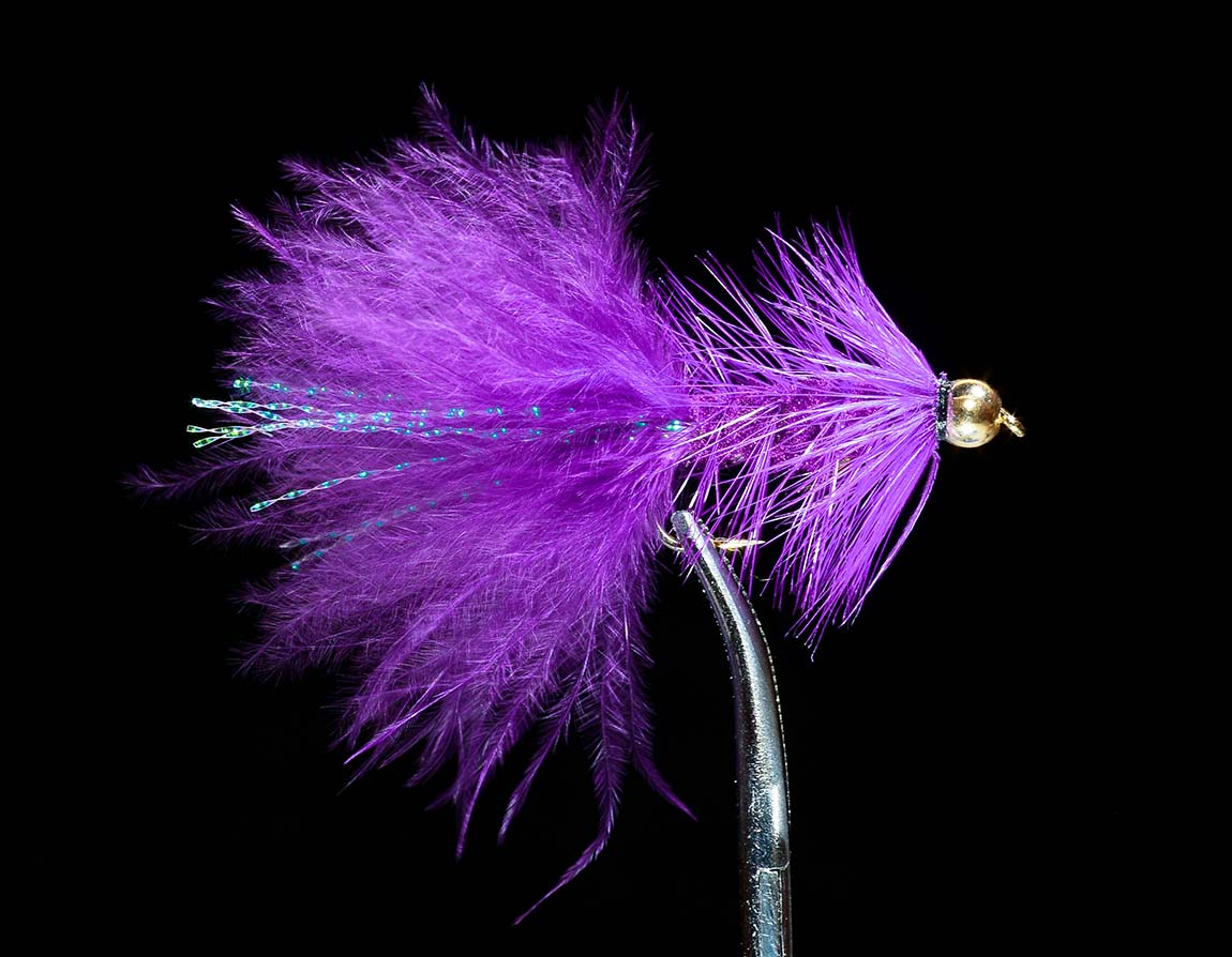 Purple Beadhead Woolly Bugger fly fishing streamer with gold bead head on black background