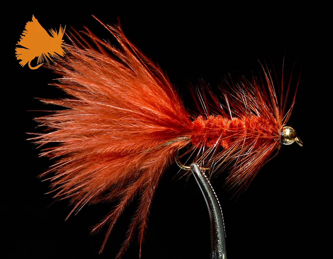Brown Beadhead Woolly Bugger fly with gold bead head and marabou tail on black background