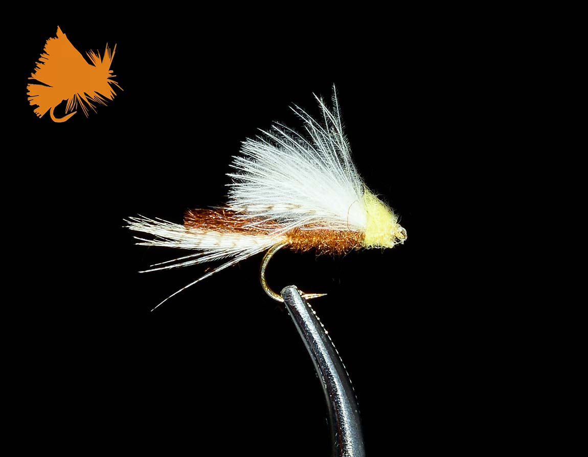 CDC Pale Morning Dun Cripple Emerger fly with yellow body and white CDC wing on black background