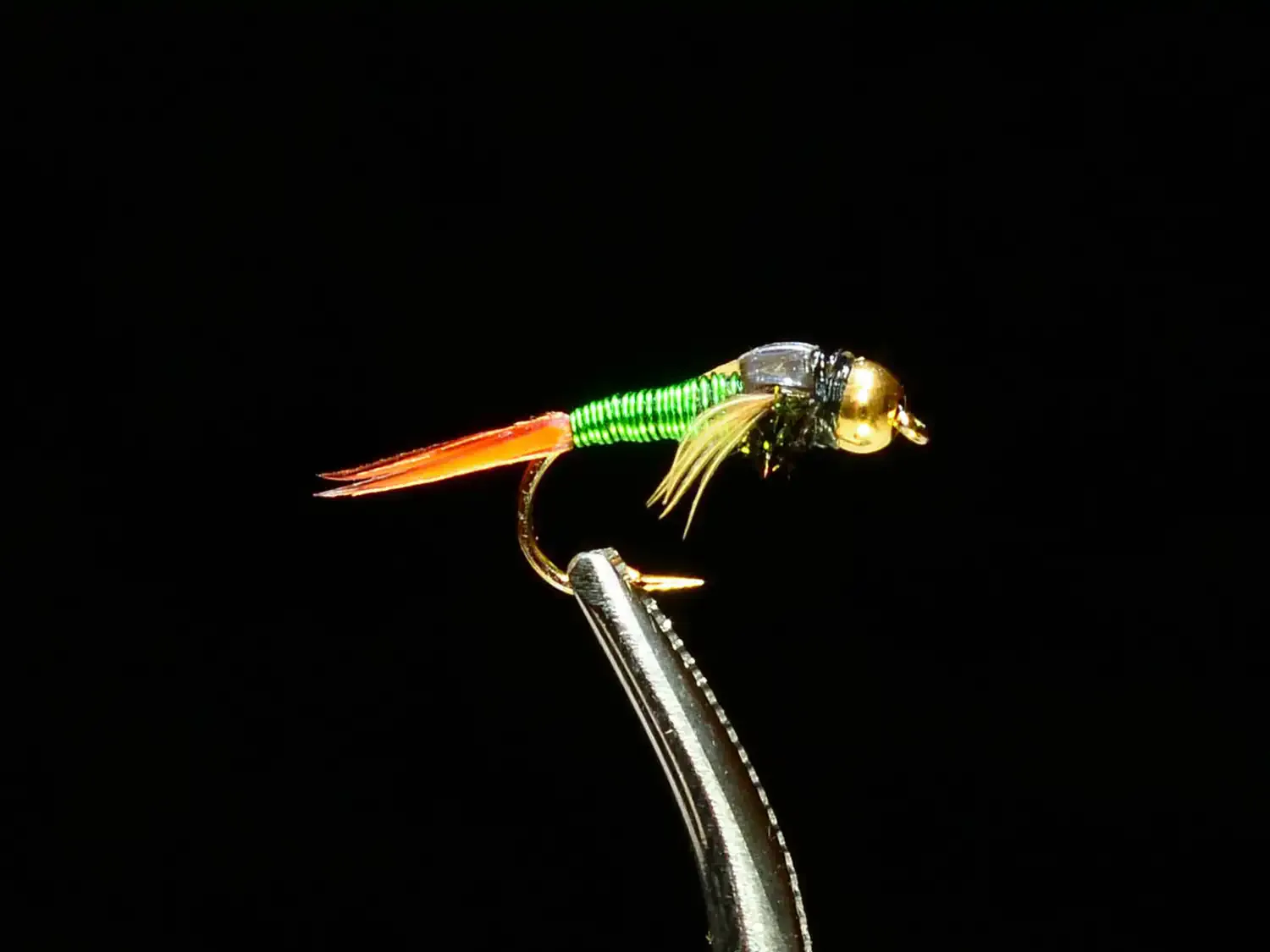 Copper John nymph fly in olive with gold bead head held in fly tying vise against black background