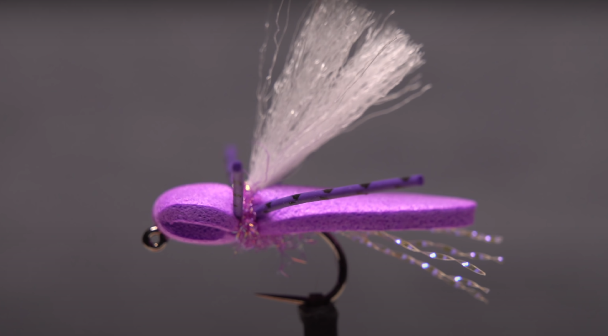 Purple Chubby Chernobyl dry fly with white wing and foam body on gray background