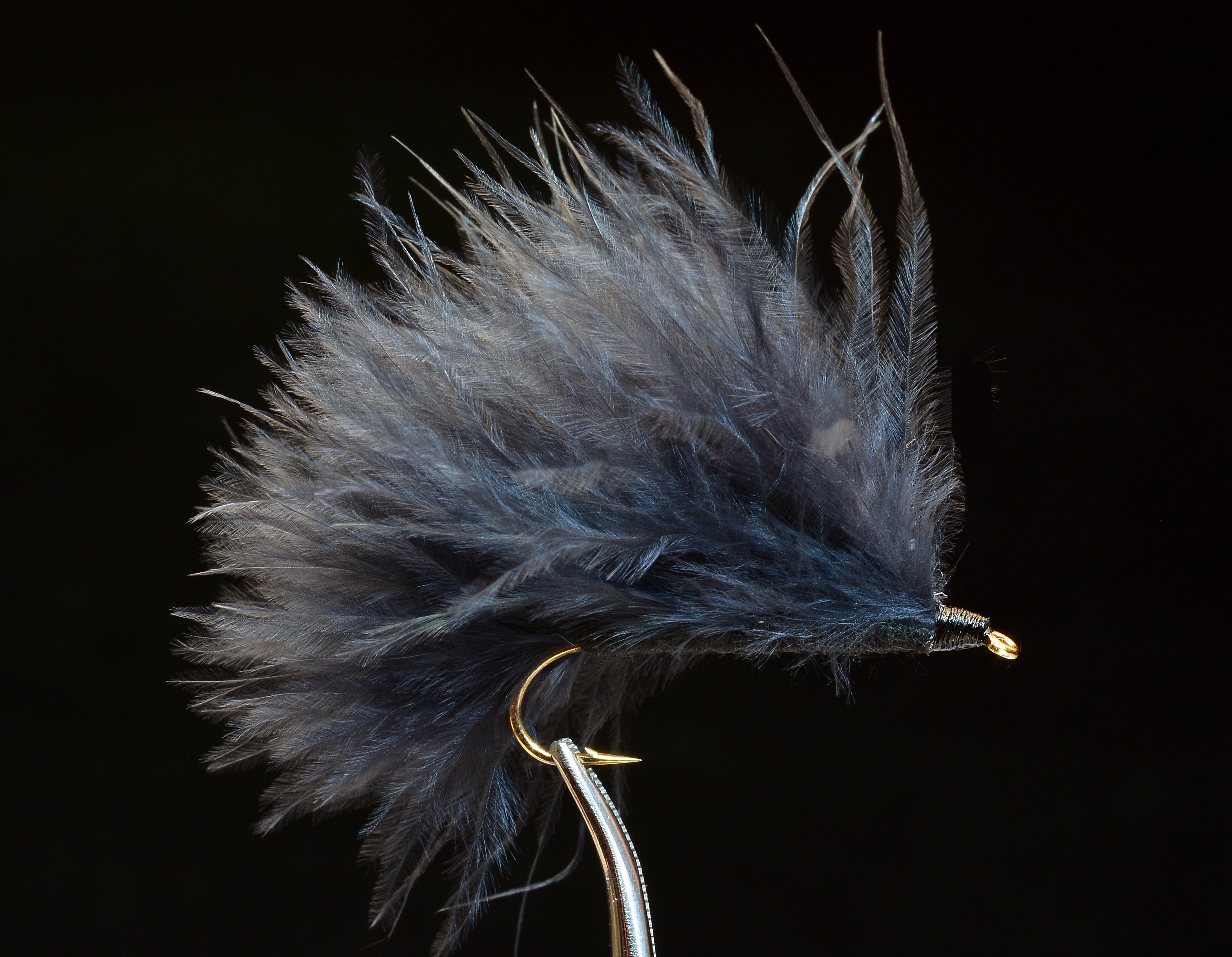 Black Marabou Leech streamer fly with flowing dark feathers on gold hook against black background