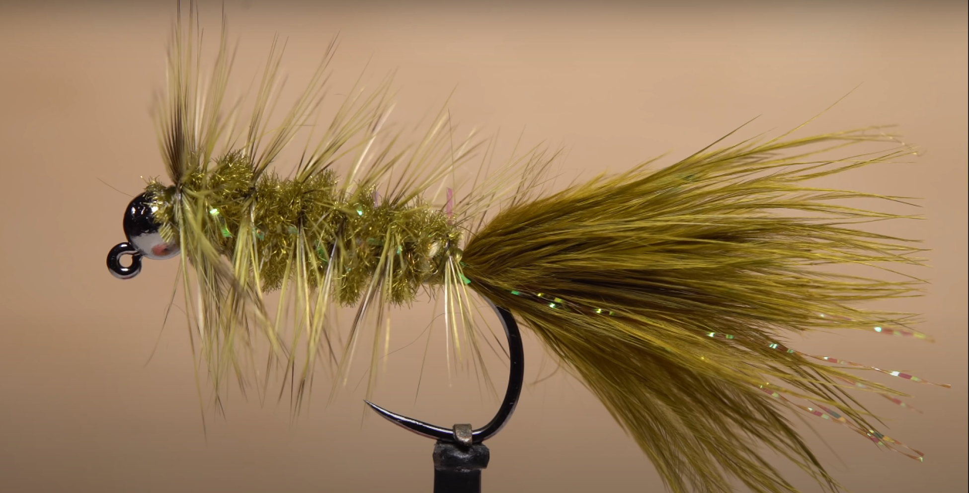 Olive Woolly Bugger Euro Jig fly with marabou tail and tungsten bead head